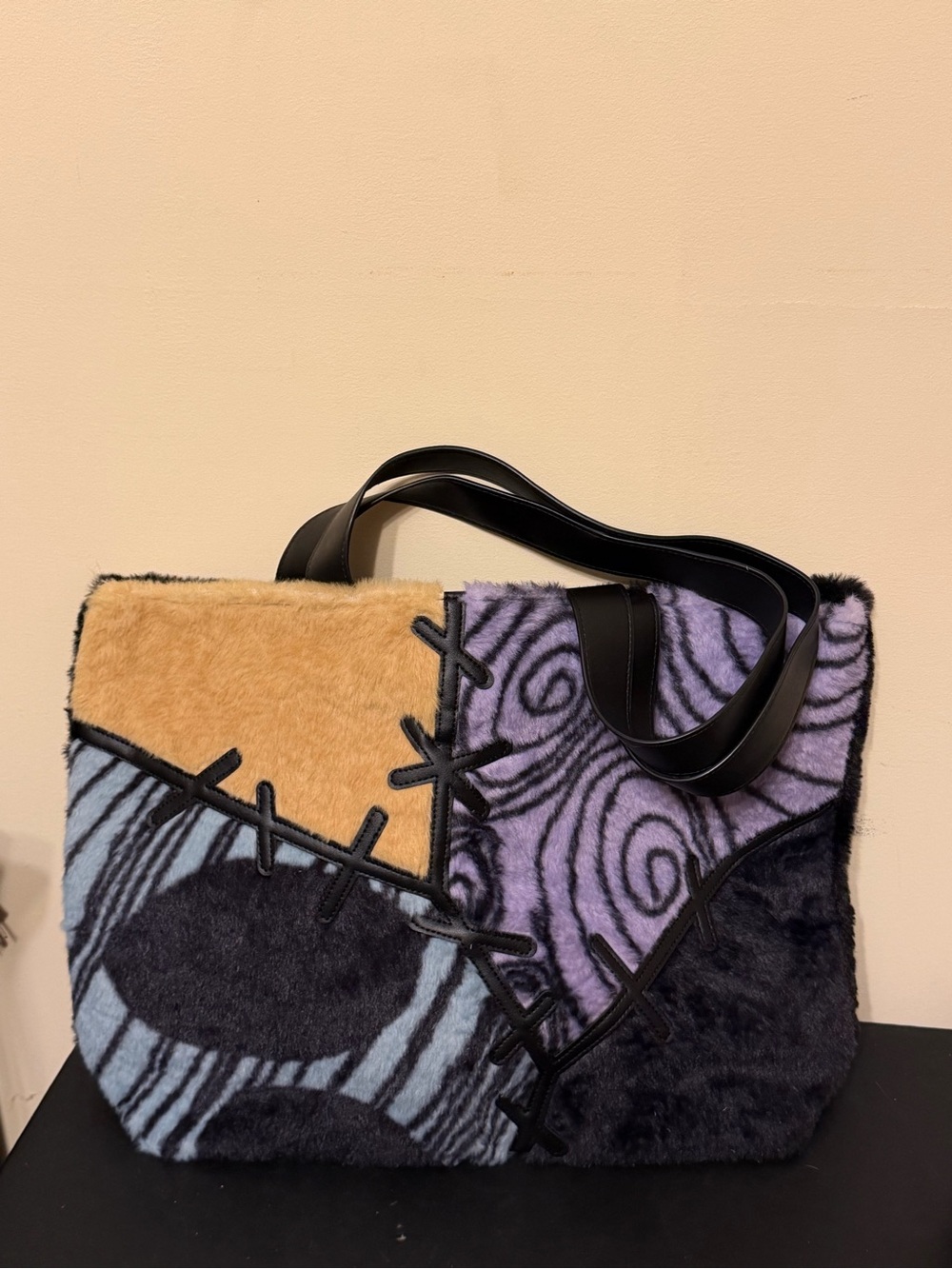 Plush Patchwork Tote Bag in Lavender, Yellow and Black